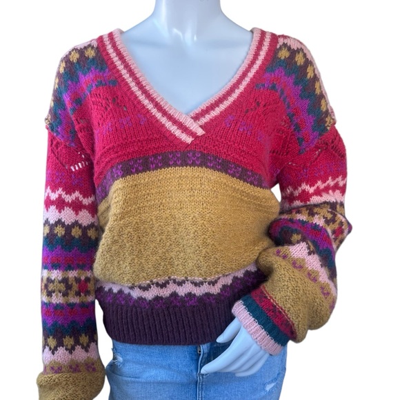 Sundance Multicolor Striped Fair Isle Rainbow Chunky VNeck Wool Blend Sweater XS - Picture 2 of 8